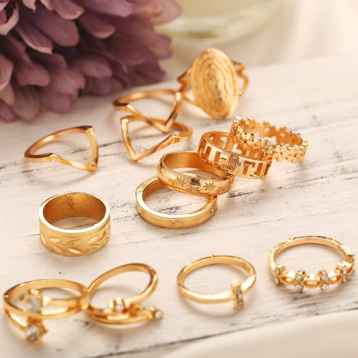 13 Piece Medallion Ring Set With Austrian Crystals 18K Gold Plated Ring ITALY Design - Wow Store