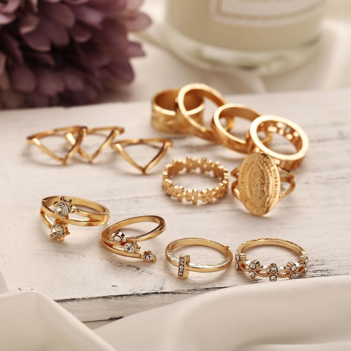 13 Piece Medallion Ring Set With Austrian Crystals 18K Gold Plated Ring ITALY Design - Wow Store