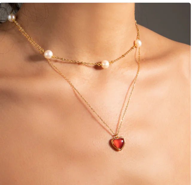 18K Gold Stainless Steel Inlaid Red Agate Love Pendant Necklace - Wow Store