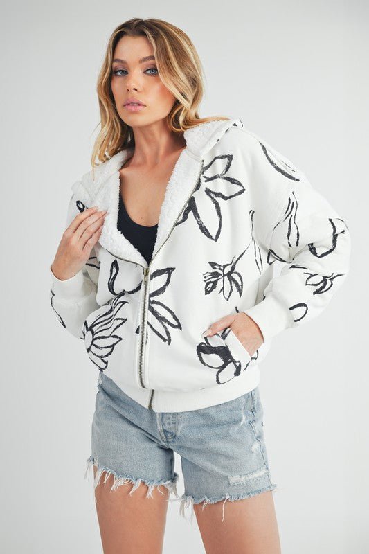 Aemi + Co Flower Print Zip Up Sherpa Hoodie - Wow Store