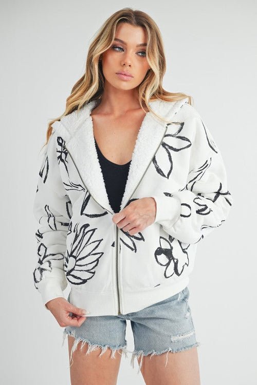 Aemi + Co Flower Print Zip Up Sherpa Hoodie - Wow Store