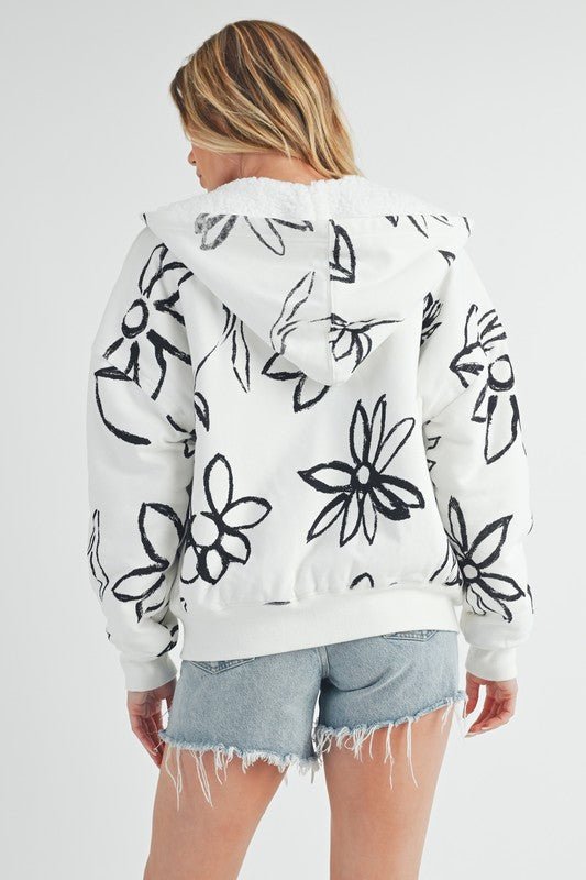 Aemi + Co Flower Print Zip Up Sherpa Hoodie - Wow Store