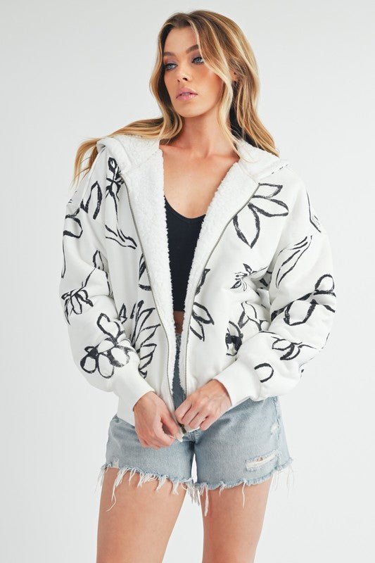 Aemi + Co Flower Print Zip Up Sherpa Hoodie - Wow Store