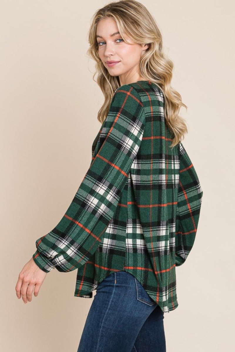 BOMBOM Curved Hem Plaid Round Neck Long Sleeve Top - Wow Store