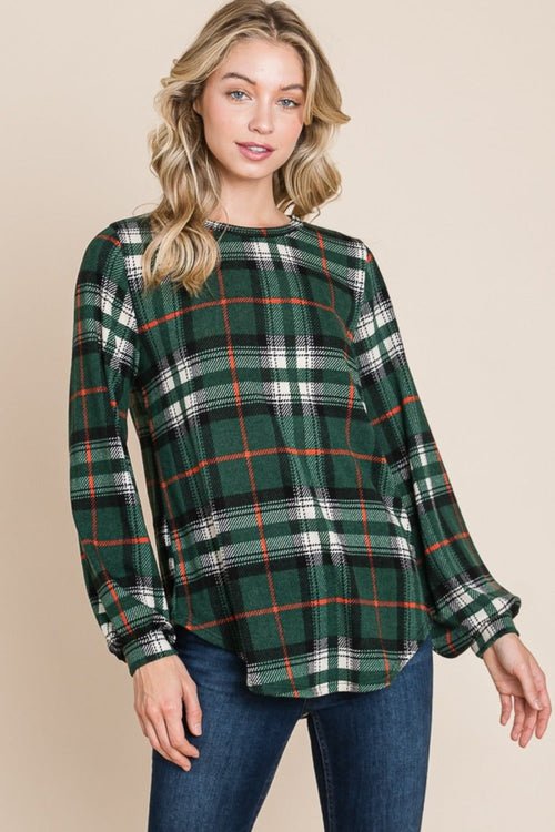 BOMBOM Curved Hem Plaid Round Neck Long Sleeve Top - Wow Store