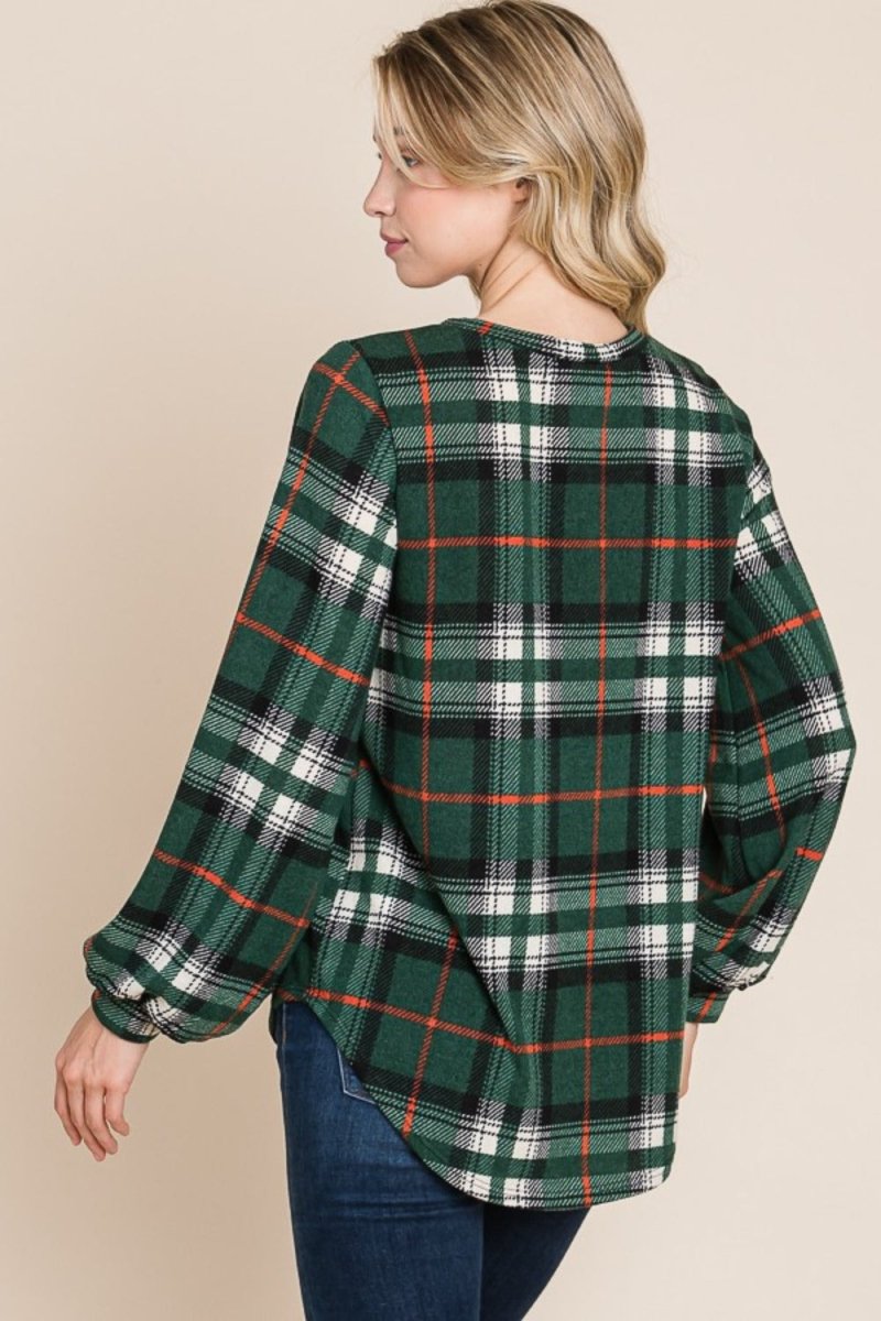 BOMBOM Curved Hem Plaid Round Neck Long Sleeve Top - Wow Store