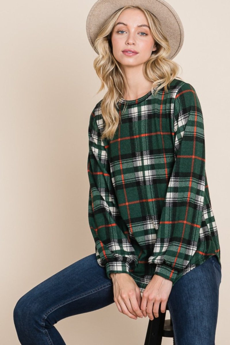 BOMBOM Curved Hem Plaid Round Neck Long Sleeve Top - Wow Store