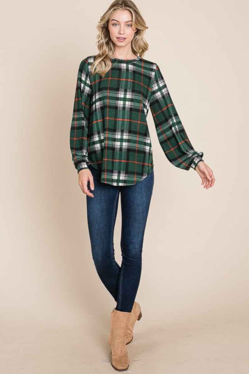 BOMBOM Curved Hem Plaid Round Neck Long Sleeve Top - Wow Store