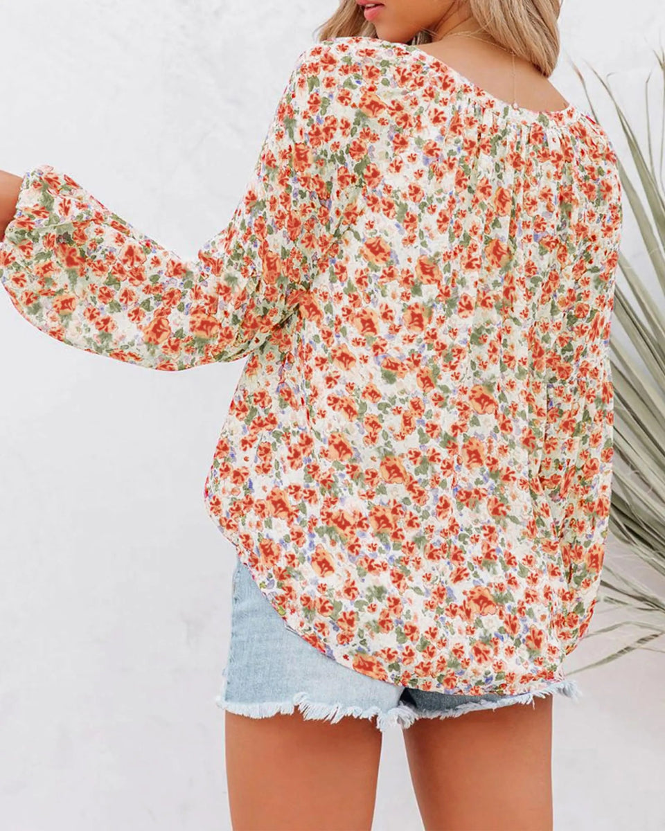 BTFBM Women Casual Boho Blouse Fashion Floral Shirts V Neck Long Puff Sleeve Lightweight Chiffon Summer Fall Tops - Wow Store