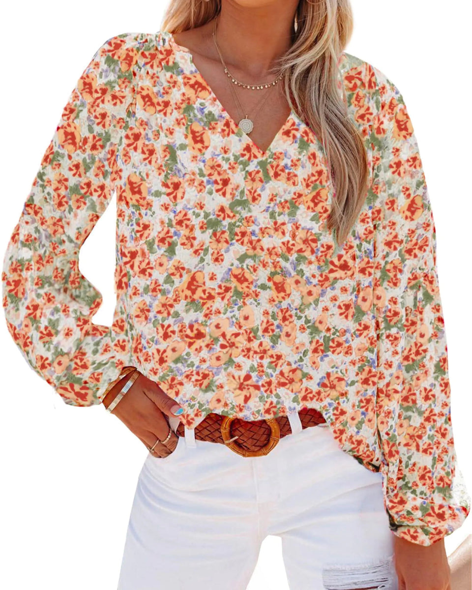 BTFBM Women Casual Boho Blouse Fashion Floral Shirts V Neck Long Puff Sleeve Lightweight Chiffon Summer Fall Tops - Wow Store