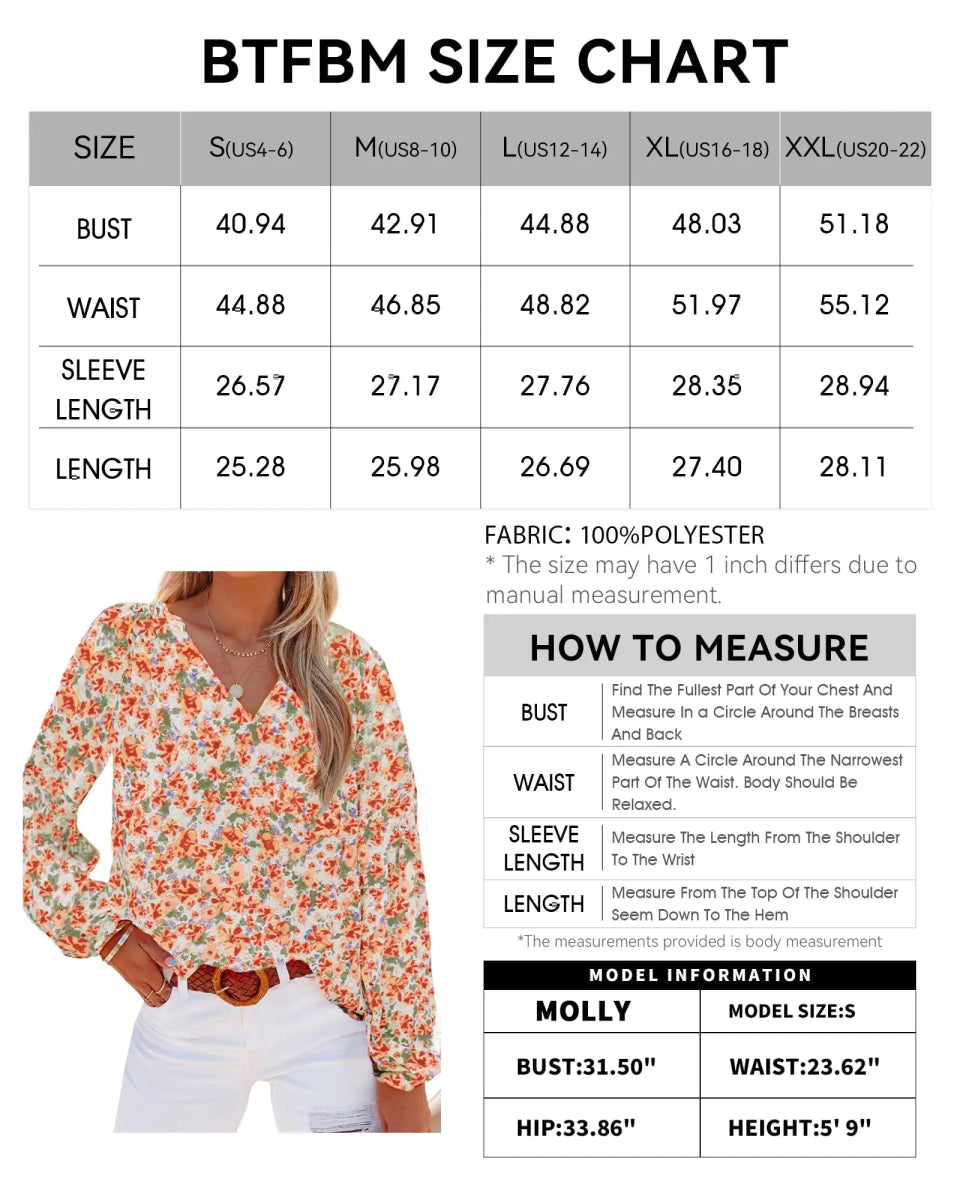 BTFBM Women Casual Boho Blouse Fashion Floral Shirts V Neck Long Puff Sleeve Lightweight Chiffon Summer Fall Tops - Wow Store