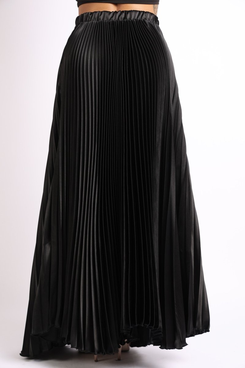 Elastic High Waist A - Line Pleated Satin Maxi Skirt Formal Prom BLACK - Wow Store