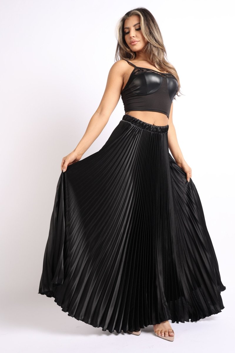 Elastic High Waist A - Line Pleated Satin Maxi Skirt Formal Prom BLACK - Wow Store