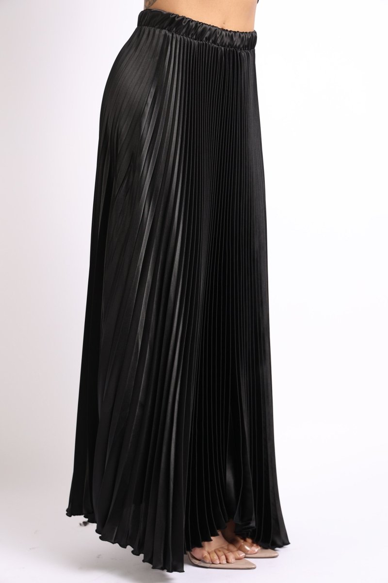 Elastic High Waist A - Line Pleated Satin Maxi Skirt Formal Prom BLACK - Wow Store
