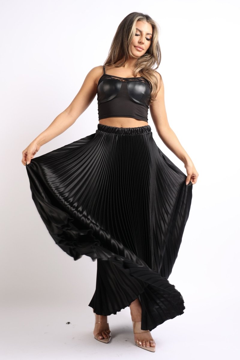 Elastic High Waist A - Line Pleated Satin Maxi Skirt Formal Prom BLACK - Wow Store