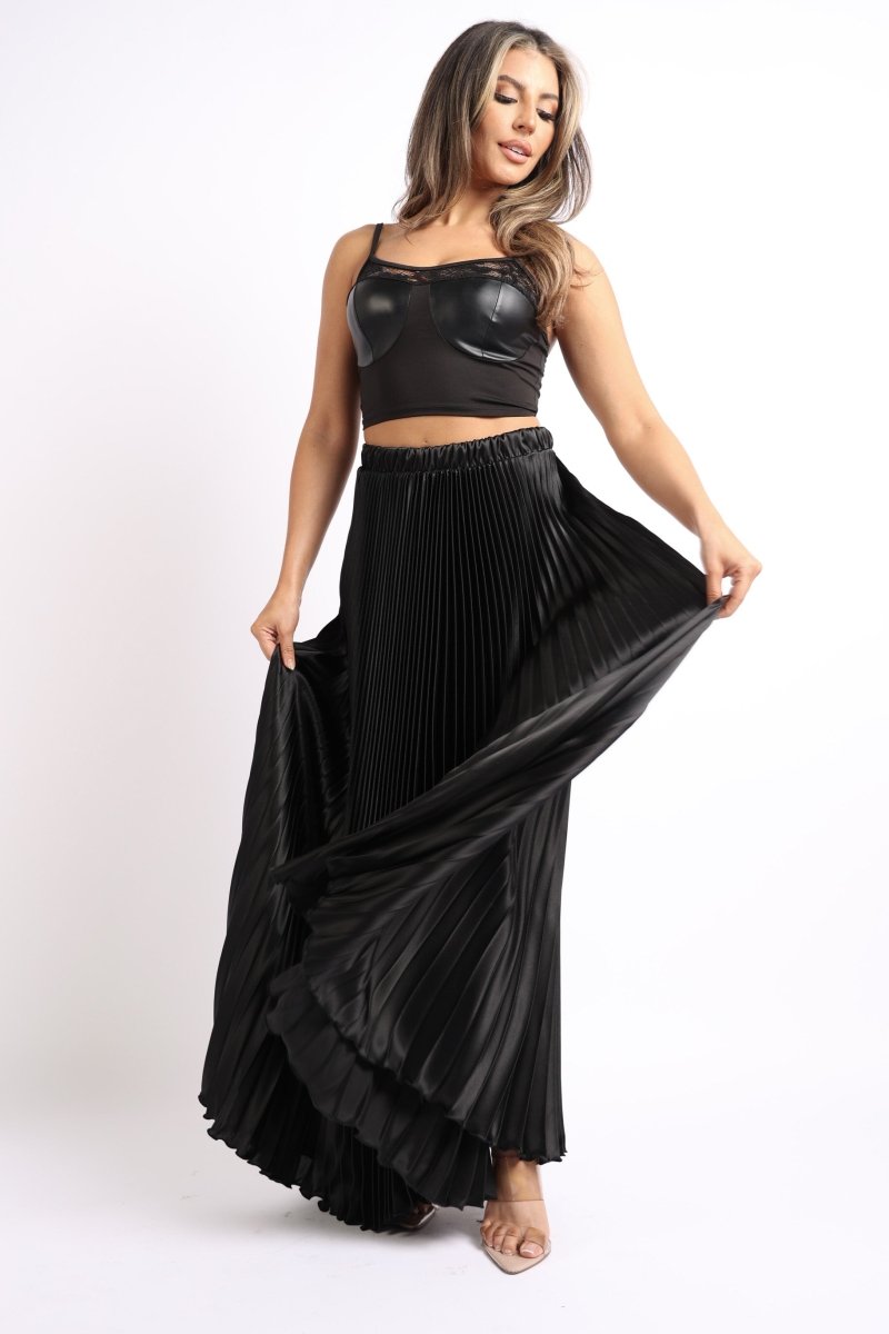Elastic High Waist A - Line Pleated Satin Maxi Skirt Formal Prom BLACK - Wow Store