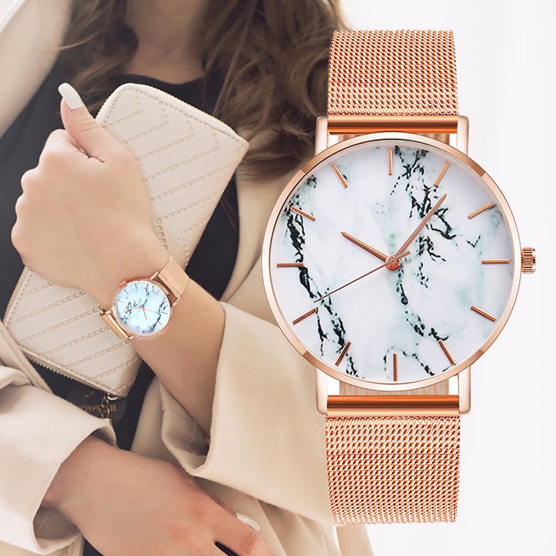 Fashion Rose Gold Mesh Band Creative Marble Female Wrist Watch Luxury Women Quartz Watches Gifts Relogio Feminino - Wow Store