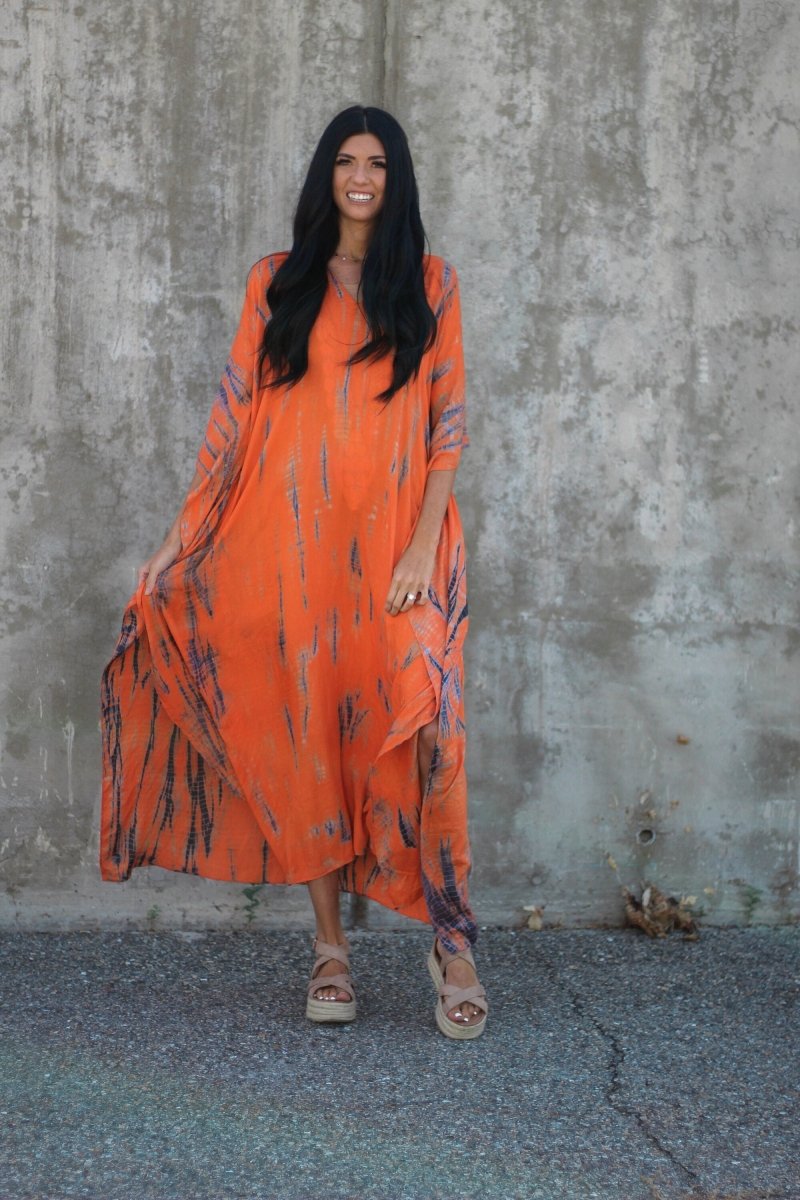 Hand - Dyed Tie - Dye Orange Maxi Kaftan Dress with Pockets – Loose Fit, - Wow Store