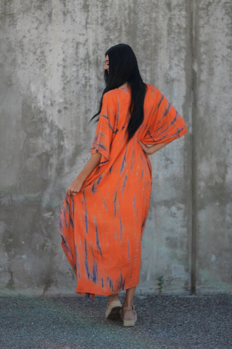 Hand - Dyed Tie - Dye Orange Maxi Kaftan Dress with Pockets – Loose Fit, - Wow Store