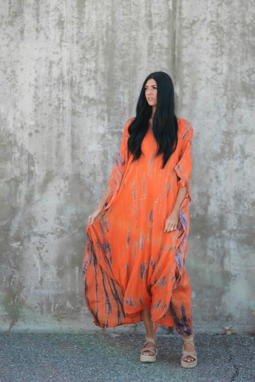 Hand - Dyed Tie - Dye Orange Maxi Kaftan Dress with Pockets – Loose Fit, - Wow Store