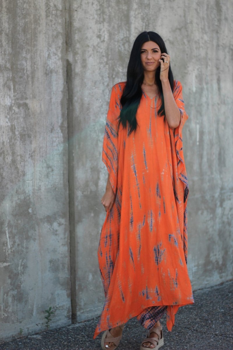 Hand - Dyed Tie - Dye Orange Maxi Kaftan Dress with Pockets – Loose Fit, - Wow Store