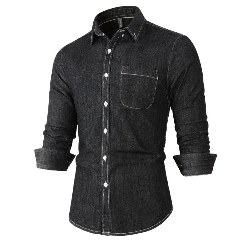 Mens Long Sleeve Single Pocket Denim Shirt - Wow Store