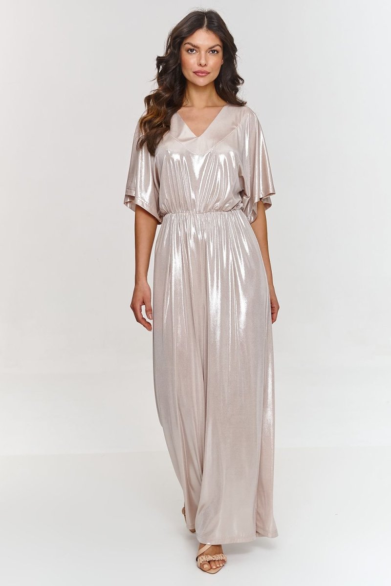 Metallic Kimono - Sleeve Evening Jumpsuit 209579 - Makadamia | Wow Store - Wow Store