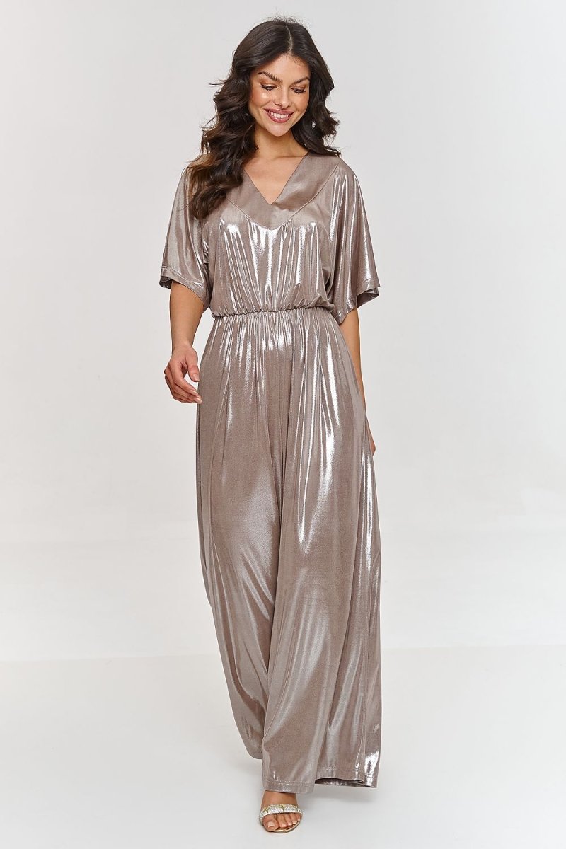 Metallic Kimono - Sleeve Evening Jumpsuit 209579 - Makadamia | Wow Store - Wow Store