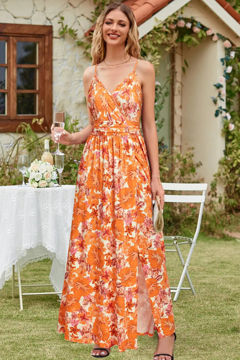Newshows Women's 2024 Summer Maxi Dress Spaghetti Strap Spring Casual Boho V Neck Split Beach Long Flowy Dresses Trendy X - Large Orange Floral Pink - Wow Store - Wow Store