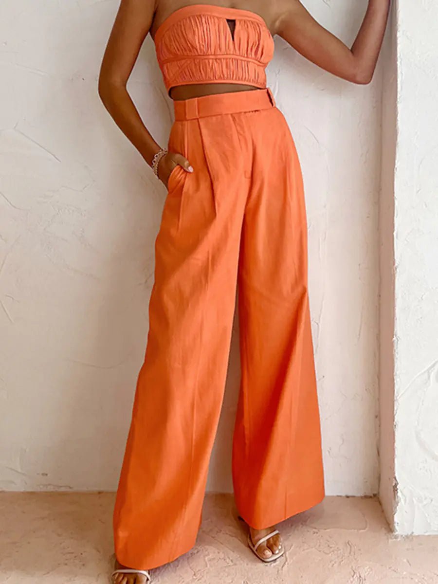 Orange Linen Wide - Leg Pants for Women (One Piece) - Wow Store - Wow Store