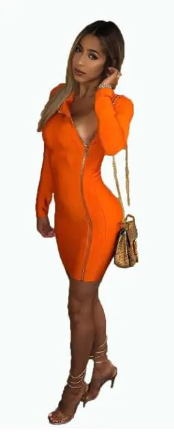 Orange Long Sleeve Dress with Zipper and Bandage Design - Wow Store - Wow Store