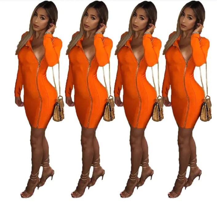 Orange Long Sleeve Dress with Zipper and Bandage Design - Wow Store - Wow Store