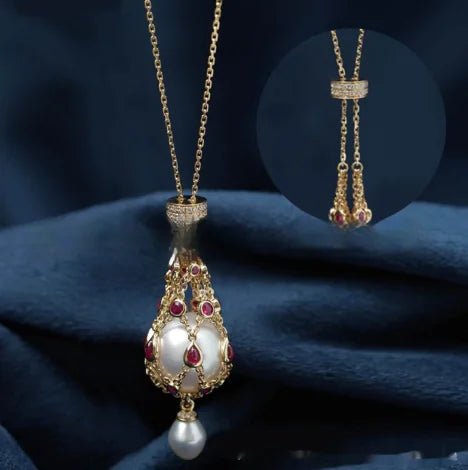 Pearl Gemstone Lavalier Pendant Necklace with Metal Net Bag - Wow Store