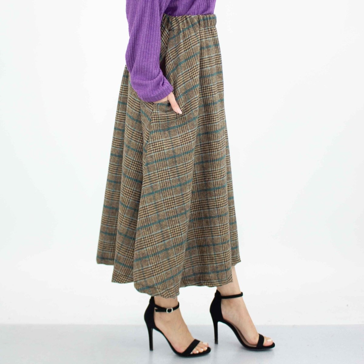 Plaid Flare Midi Skirt with Side Pockets - Blue - Wow Store