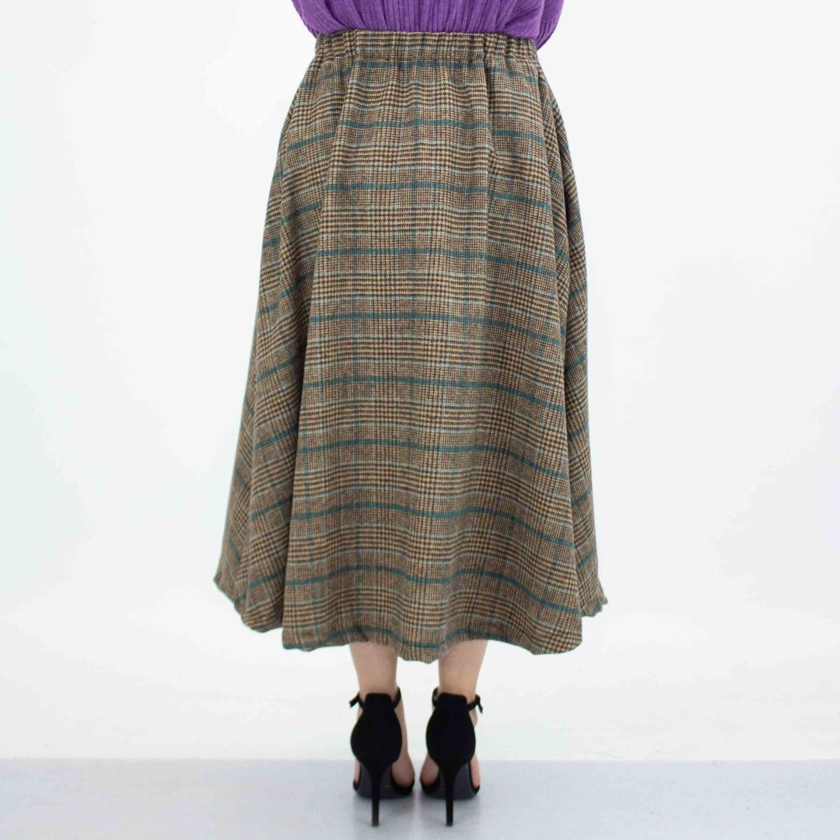Plaid Flare Midi Skirt with Side Pockets - Blue - Wow Store