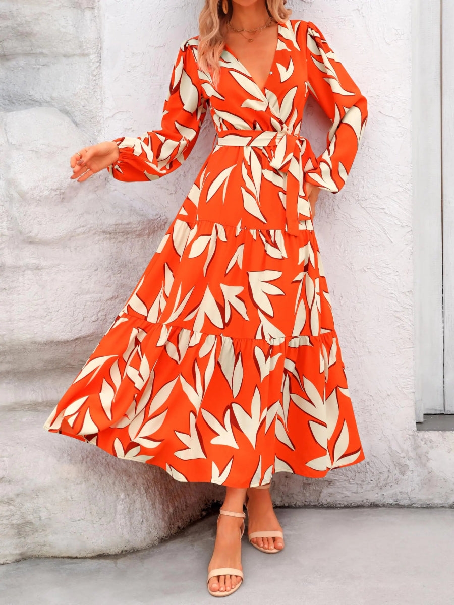 PRETTY GARDEN Womens Fall Long Sleeve Wrap V Neck Ruffle Floral Maxi Dress Casual Tie Waist Boho - orange White - Wow Store