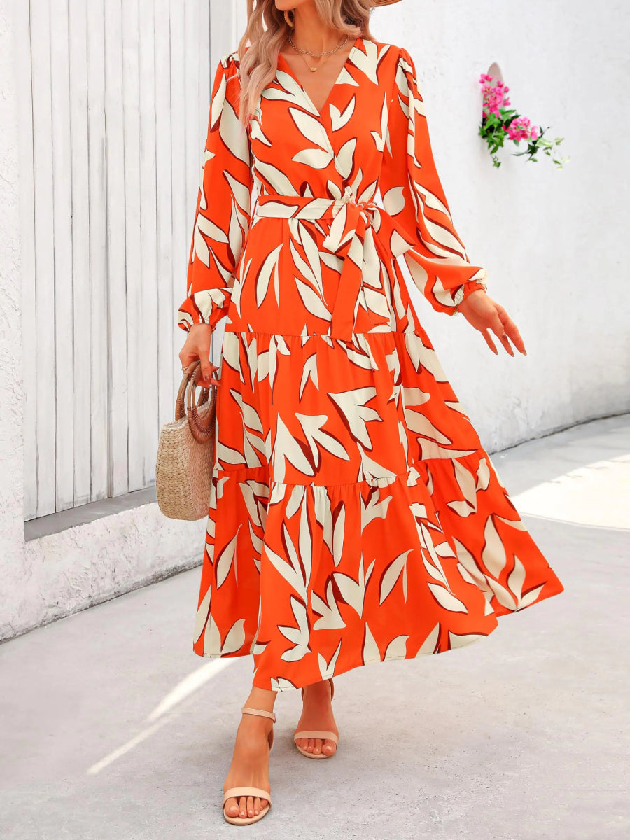 PRETTY GARDEN Womens Fall Long Sleeve Wrap V Neck Ruffle Floral Maxi Dress Casual Tie Waist Boho - orange White - Wow Store
