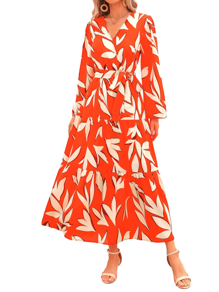 PRETTY GARDEN Womens Fall Long Sleeve Wrap V Neck Ruffle Floral Maxi Dress Casual Tie Waist Boho - orange White - Wow Store