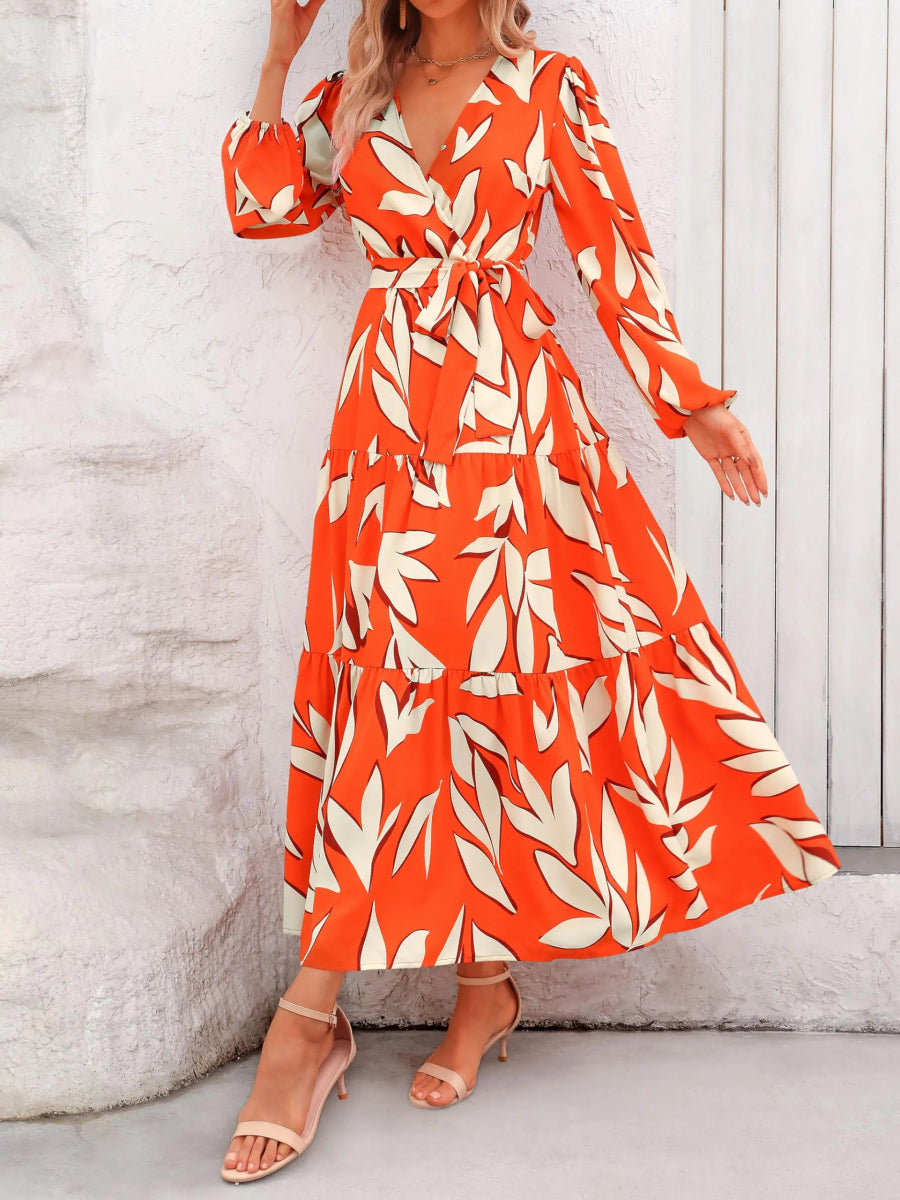 PRETTY GARDEN Womens Fall Long Sleeve Wrap V Neck Ruffle Floral Maxi Dress Casual Tie Waist Boho - orange White - Wow Store