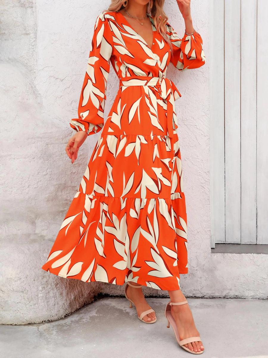 PRETTY GARDEN Womens Fall Long Sleeve Wrap V Neck Ruffle Floral Maxi Dress Casual Tie Waist Boho - orange White - Wow Store