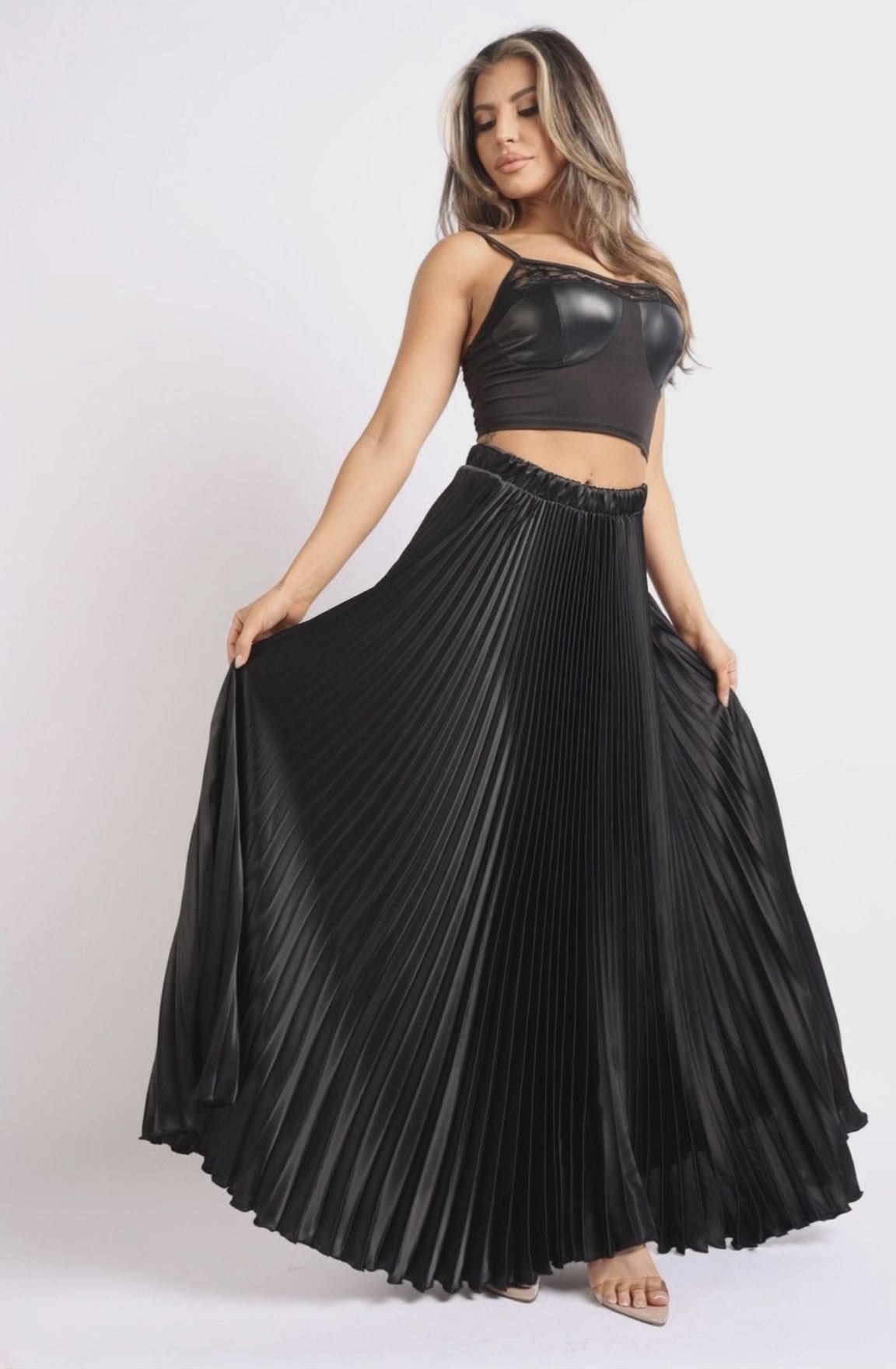 High Waist Pleated Satin Maxi Skirt | Wow Store