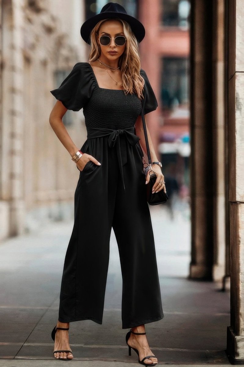 Square Neck Puff Sleeve Belted Fit Jumpsuit - Wow Store