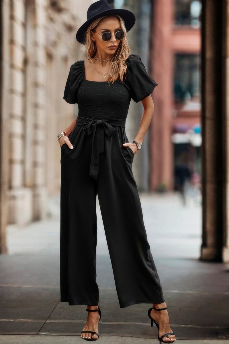 Square Neck Puff Sleeve Belted Fit Jumpsuit - Wow Store