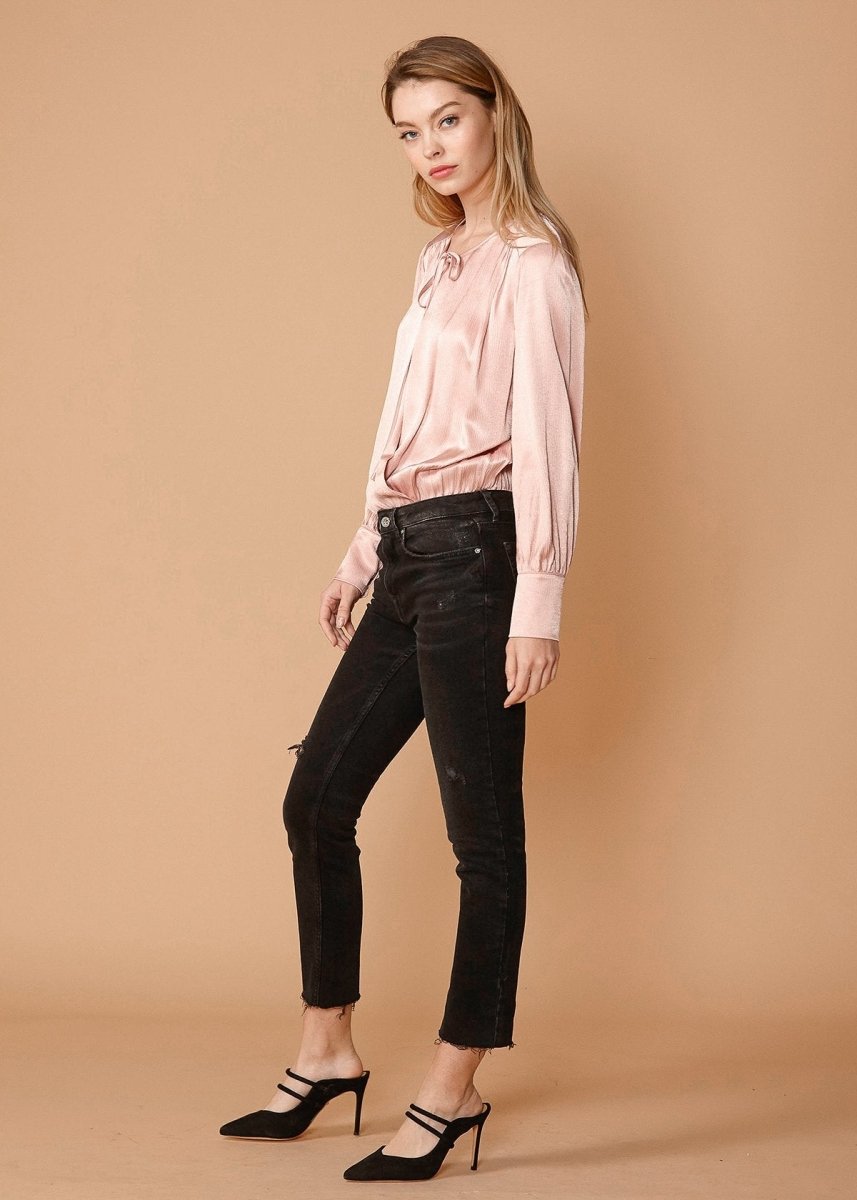 Tie - Neck Long Sleeve Bodysuit in Fall Pink - Wow Store