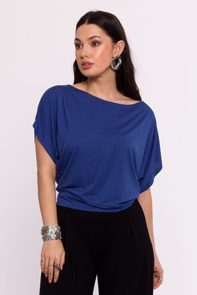 Model wearing Royal Blue Boat-Neck Dolman Blouse