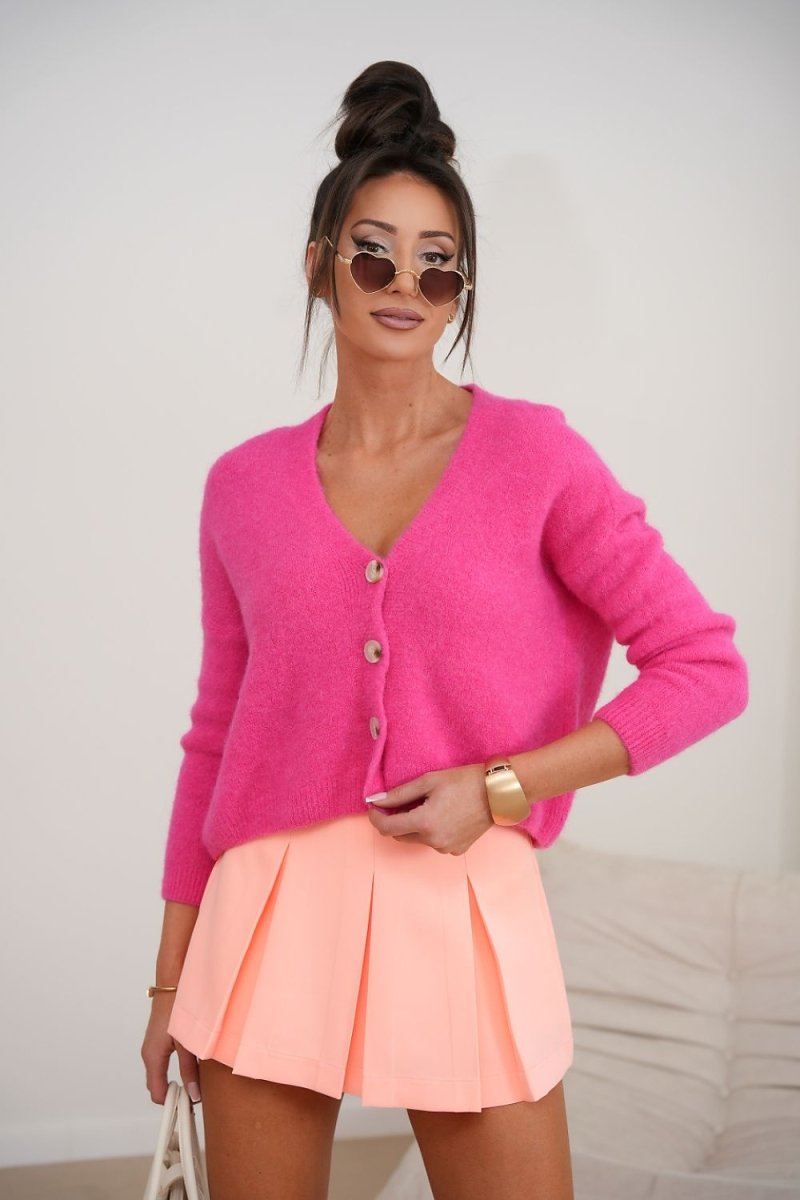 Model wearing La Balancia Fuchsia Cropped V-Neck Cardigan with Gold Buttons