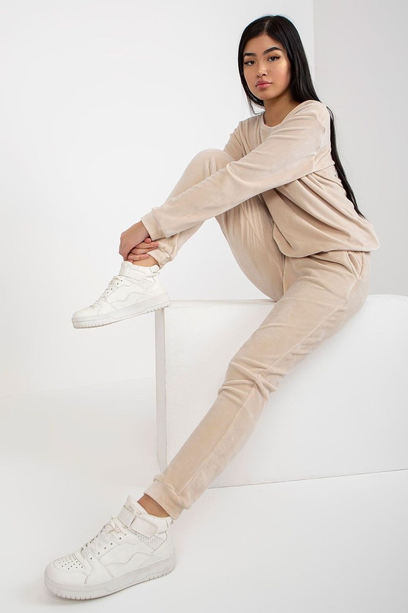 Model wearing Rue Paris Beige Velour Co-ord Loungewear Set - Top & Joggers