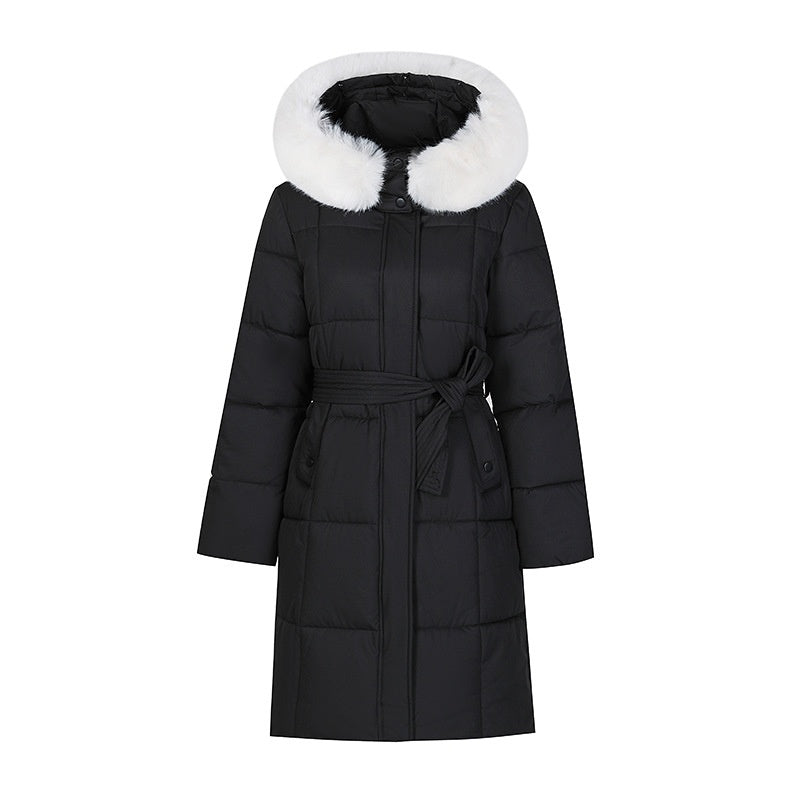 Mid-Length Padded Coat with Faux-Fur Hood and Tie Belt in black