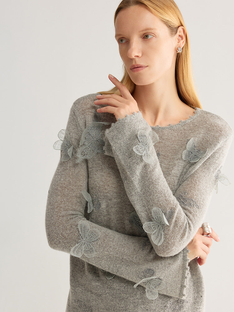 Butterfly Appliqué Crew Neck Knit Top in grey, worn by model, front view, long sleeves with lace butterflies, picot trim at