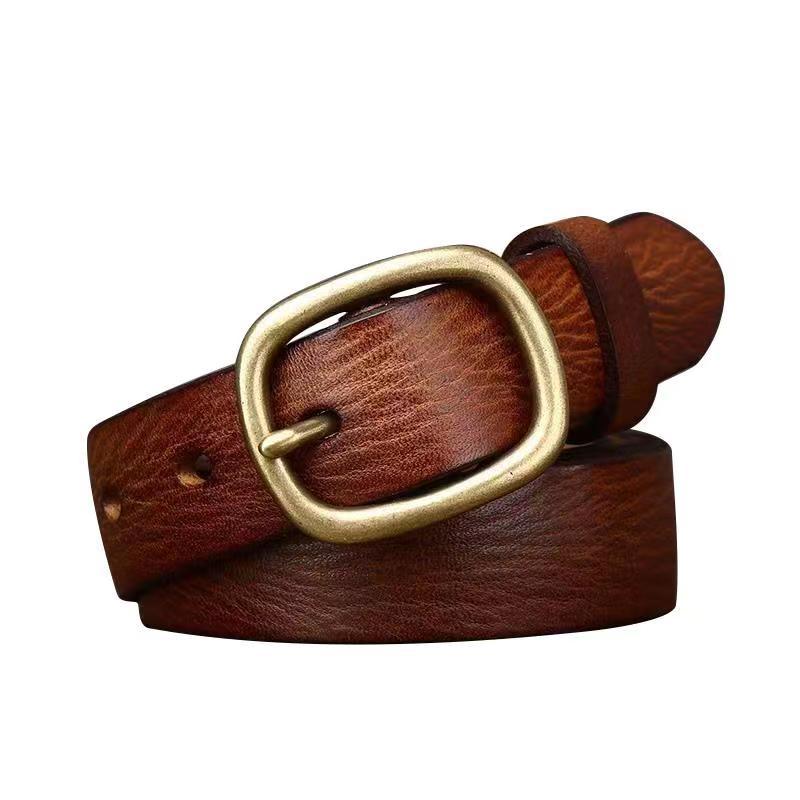 Vintage Leather Belt with Brass-Tone Buckle, 2.8 cm